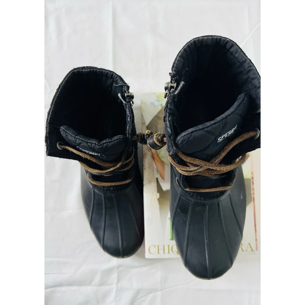 Sperry Top Sider Saltwater Duck Kids Girls Rain Black Ankle Lace Up Zip Boots 4M